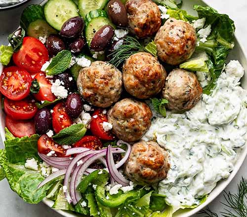 Greek Turkey Meatballs with Tzatziki Big Salad